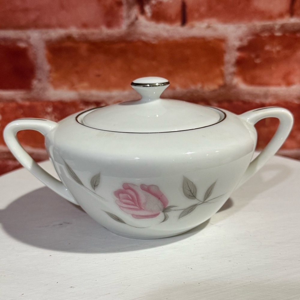Vintage Argent Rose Fine China Sugar Bowl Pink Floral Silver Trim